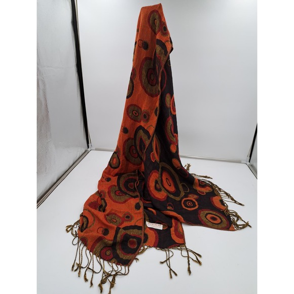 Pashmina Boho Circles Fringe Orange Black Reversible Scarf Shawl Headwrap Stole - Picture 2 of 10